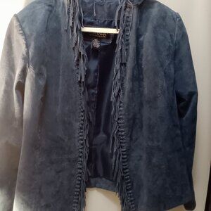 VINTAGE BOHO / HIPPIE DIALOGUE 100% Leather Jacket BLUE FRINGE WOMEN'S SIZE LARG